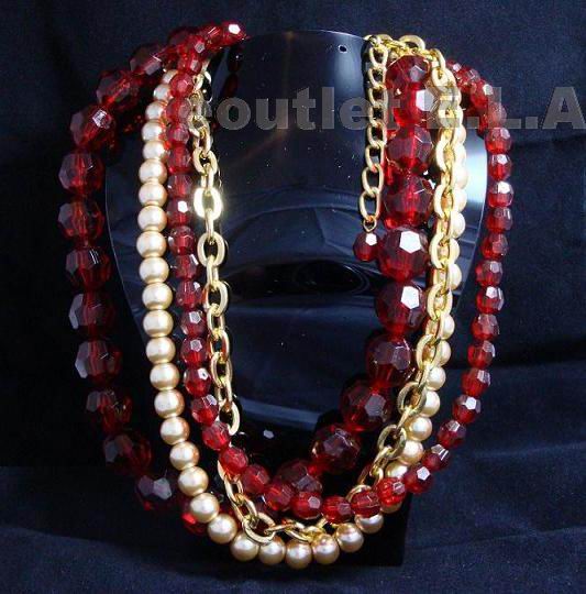 LARGE 4-ROW FAUX PEARLS N RED BEADS NECKLACE